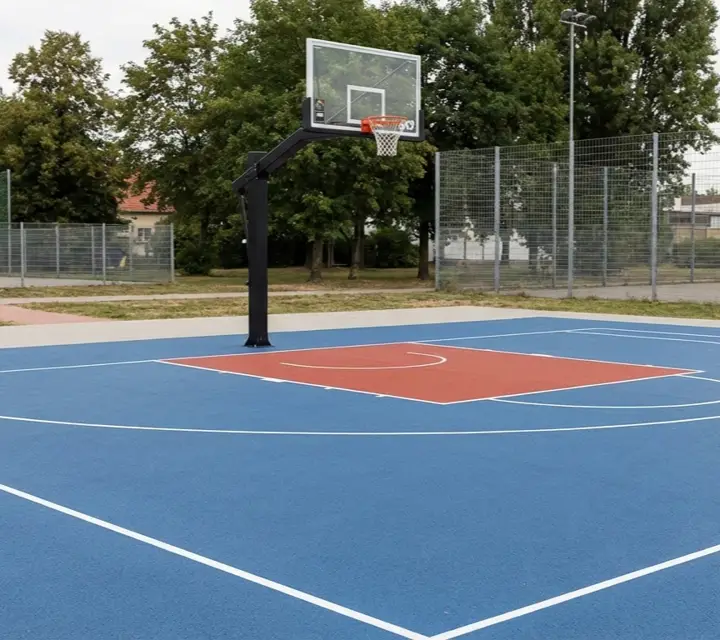 Terrain de basket 3x3 extérieur avec revêtement en resine acrylique bi-colore bleu et rouge